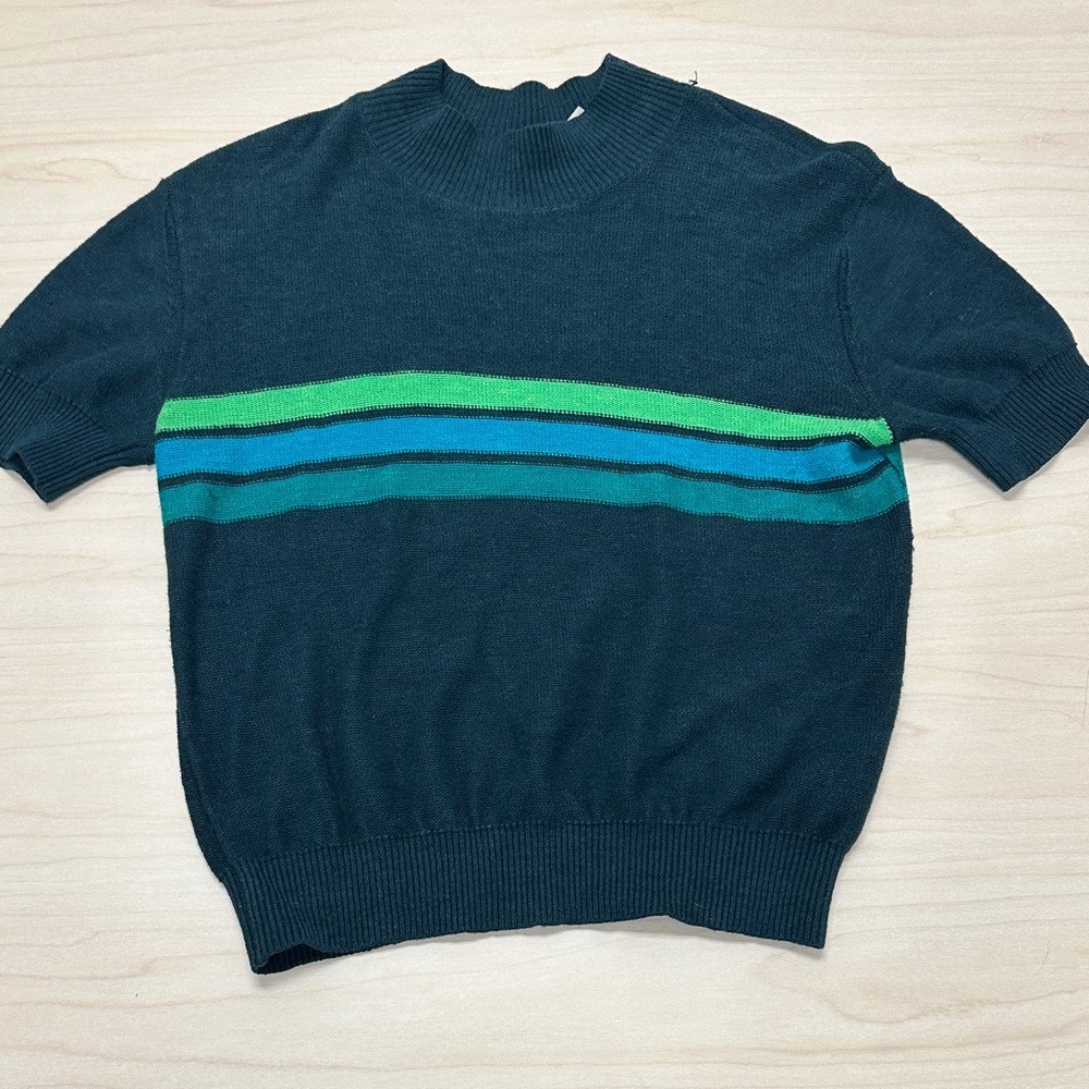 Free People dark green short sleeve sweater, green and blue stripe, size Small